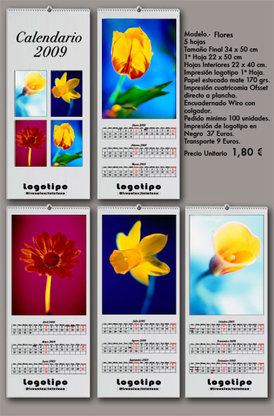 Calendario de imprenta  pared 5 hojas año 2009 Flores trimestral