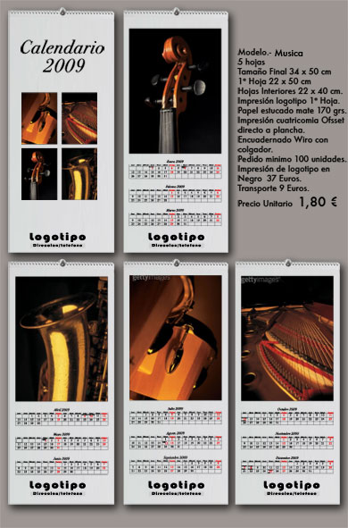 Calendarios imprenta de parede 5 hojas musica año 2009