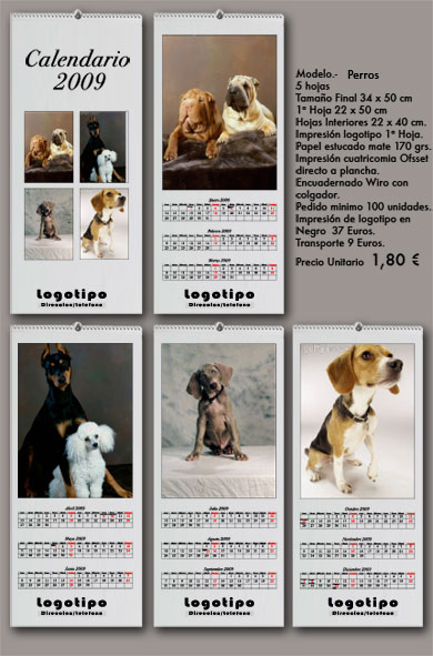 Calendarios imprenta de pared 5 hojas perros año 2009