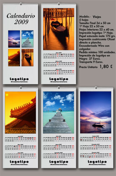 Calendarios imprenta de pared 5 hojas viajes año 2009