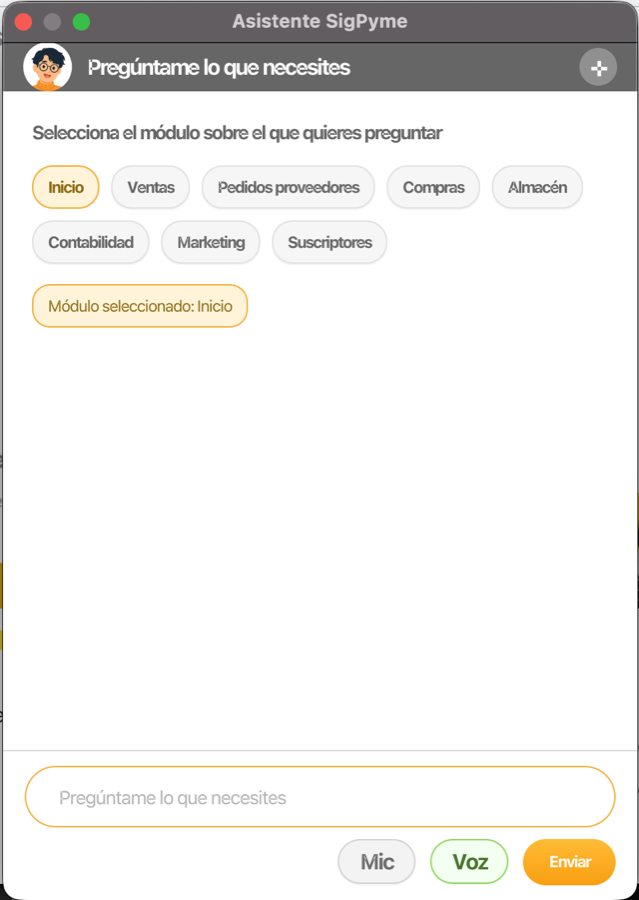 Ventana del Asistente SigPyme con el selector de módulo: Inicio, Ventas, Pedidos proveedores, Compras, Almacén, Contabilidad, Marketing y Suscriptores, y el campo para escribir la pregunta.